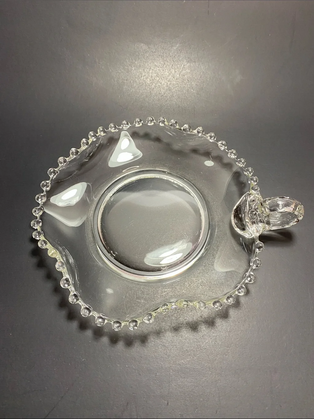 Vintage Imperial Glass Candlewick Handled Nappy Bowl Wavy Crimped Ruffled Edges